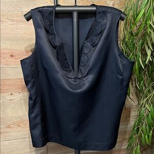 Talbots Midnight Blue Sleeveless Satin Blouse with Scalloped Neckline